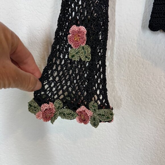 Sue Wong Vintage Black Cardigan Open Sweater Crochet Beaded Cottagecore Small - Picture 6 of 11
